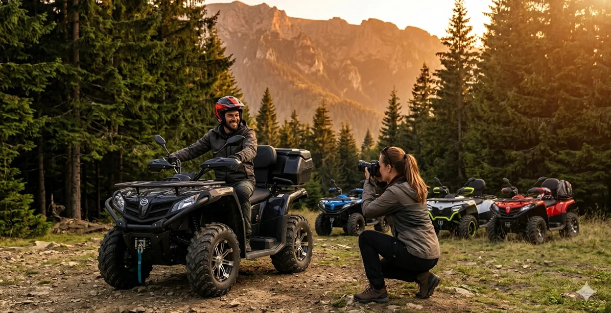 Man wearing a helmet sitting on a black all-terrain vehicle (ATV) smiling while a woman kneels and takes his photo with a camera on a dirt path surrounded by pine trees and mountains at sunset, with four other ATVs parked in the background.