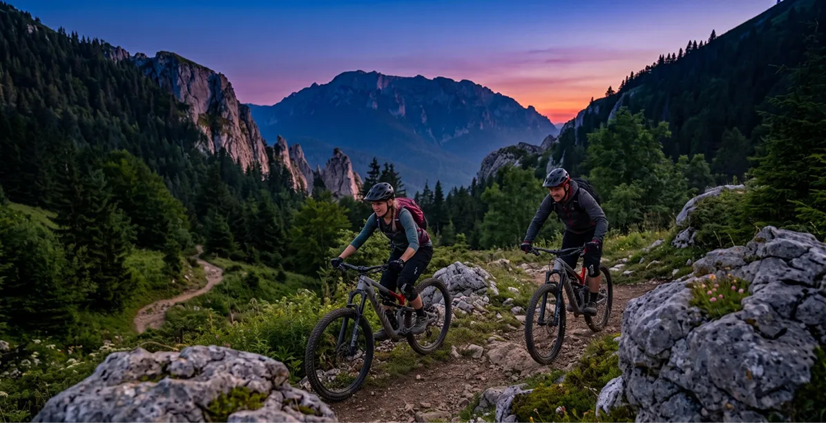 Two mountain bikers wearing helmets and backpacks ride on a rocky trail surrounded by evergreen trees and large rocks with high mountains and a sunset sky in the background.