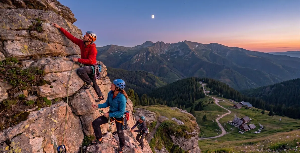 Three climbers wearing helmets and safety gear ascending a rocky mountain face at sunset, with a winding road, small buildings, forested hills, and distant mountains under a partly moonlit sky.