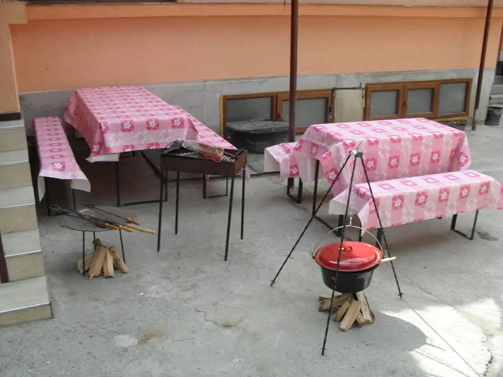 Outdoor seating area with two picnic tables and benches covered in pink floral tablecloths, a metal grill with skewers, and a tripod stand holding a black pot with a red lid over firewood.