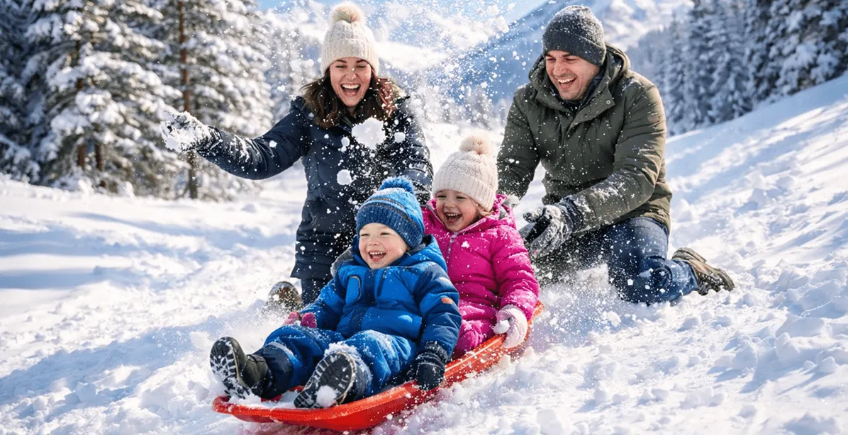 A family of four enjoying a snowy day outdoors with two children sitting on a red sled while the parents, dressed in winter clothing, laugh and throw snow.