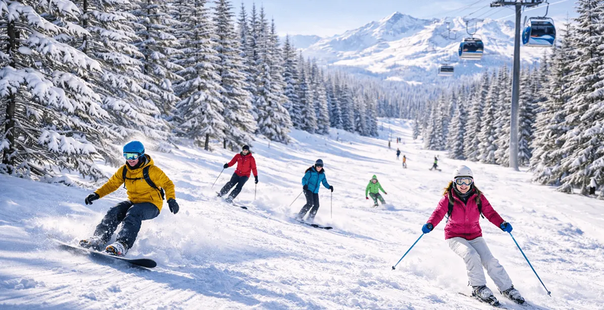 A snowy mountain ski slope with six people skiing and snowboarding downhill among snow-covered pine trees under blue sky, with ski lift cable cars overhead and snow-capped mountains in the background.