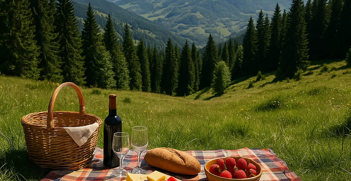 Picnic setup on a checkered blanket in a grassy clearing with a scenic backdrop of pine trees and rolling hills, featuring a wicker basket, a bottle of wine, two empty wine glasses, a loaf of bread, a bowl of strawberries, and sliced cheese.